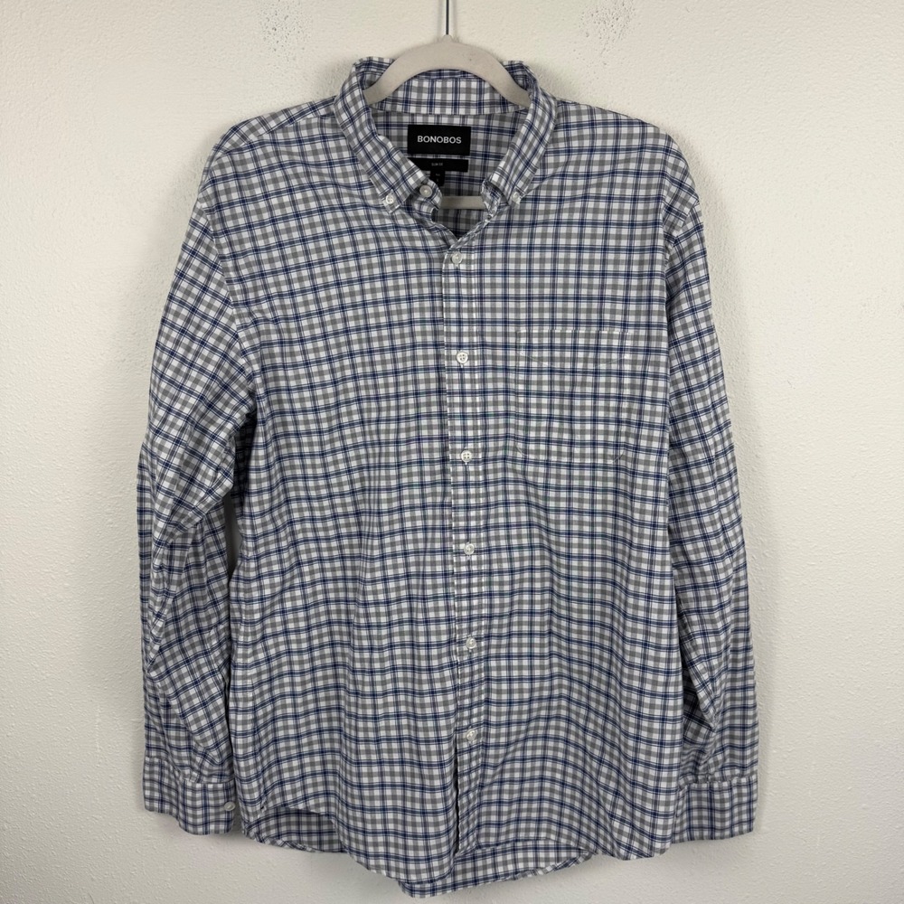 Bonobos Mens Slim Fit Plaid Button Down Shirt Blue Grey‎ Long Sleeve Large L